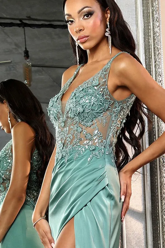 Sage Embellished Illusion Deep V Neck Sheath Dress