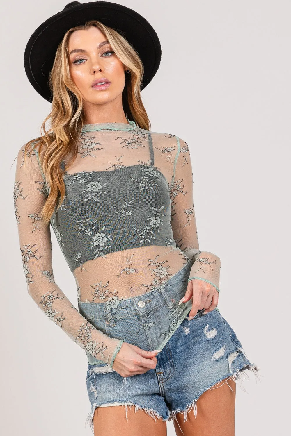 SAGE   FIG Mesh Long Sleeve Sheer Floral Embroidery Top