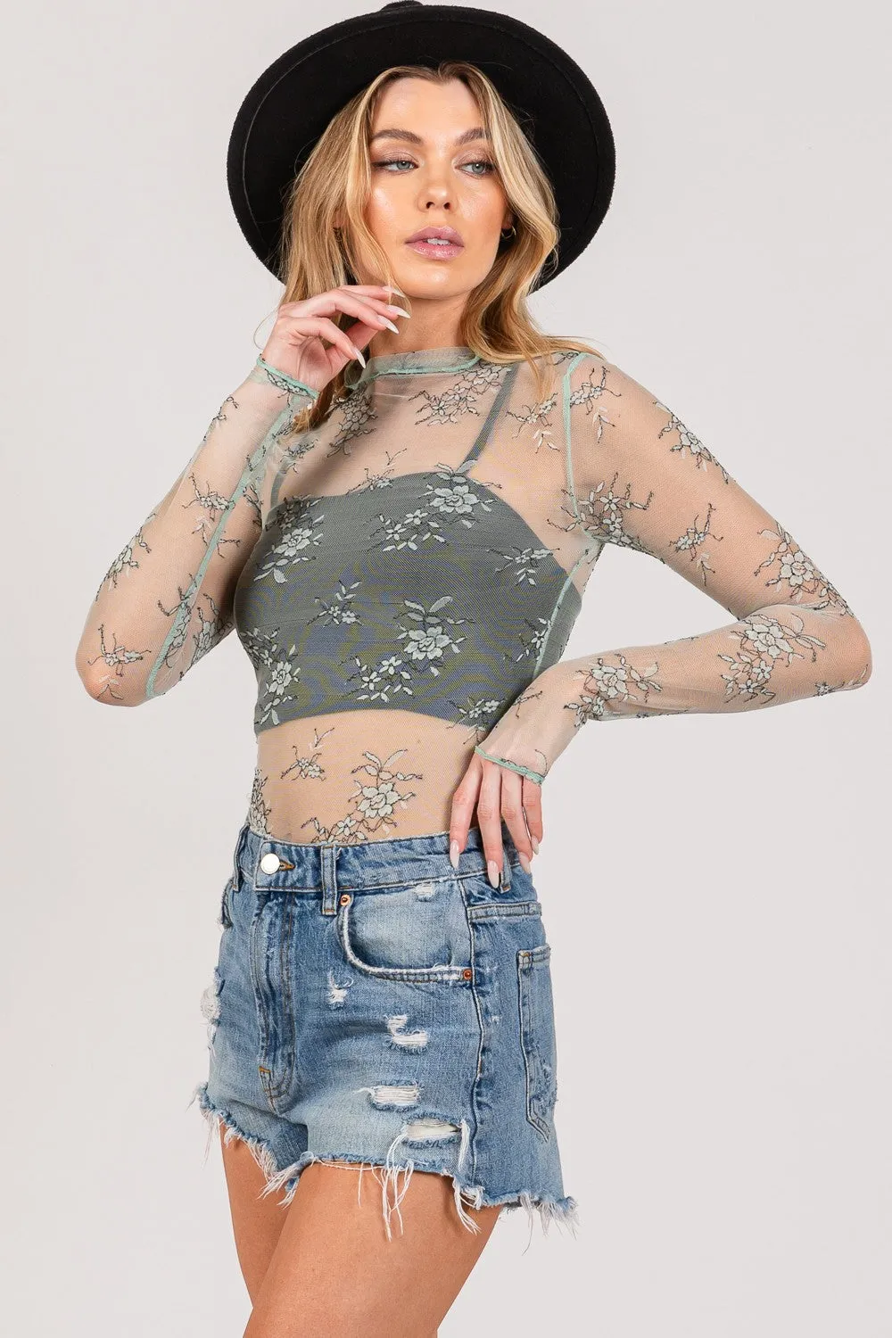 SAGE   FIG Mesh Long Sleeve Sheer Floral Embroidery Top