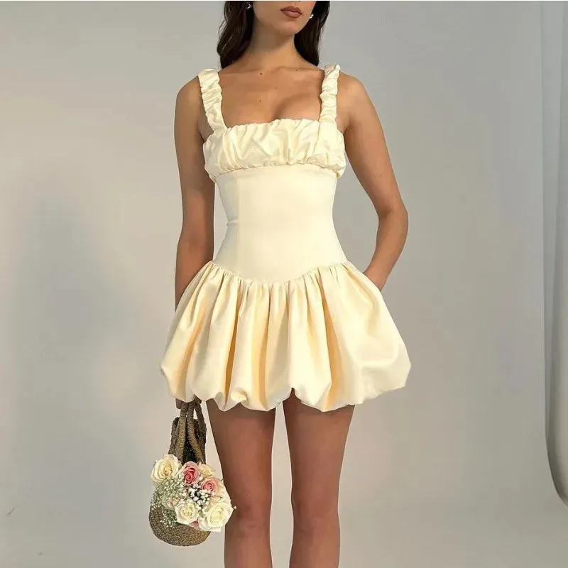 Satin Princess Gown Party Solid Summer Ball Sleeveless Ruched Mini Suspender Dress