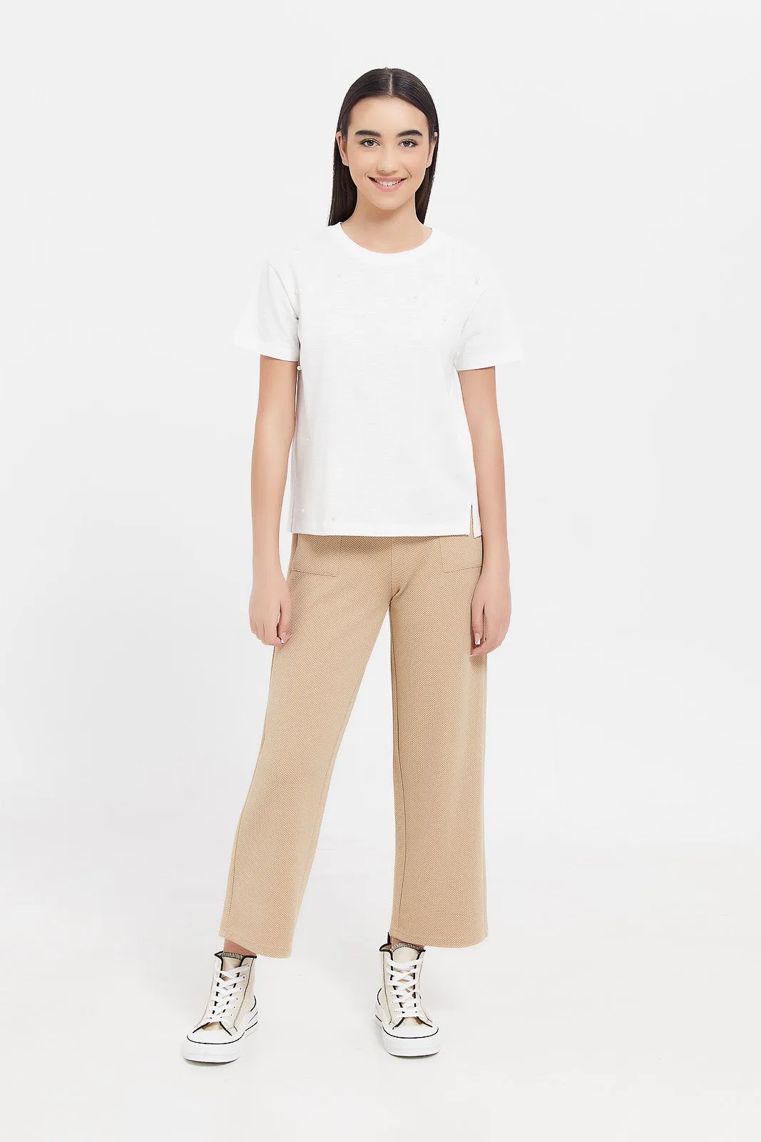 Senior Girls Beige Jacquard Culottes