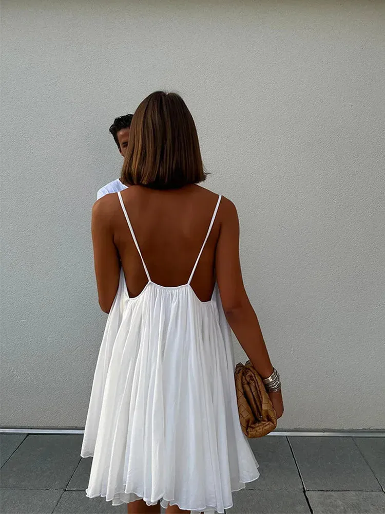 Sexy Backless White Mini Dress For Women Fashion V-neck Sleeveless Backless Sling A-line Dresses Lady Beach Vacation Robes