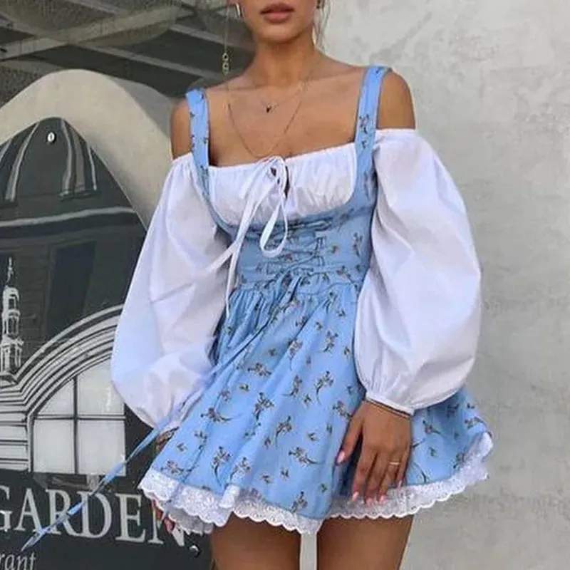 Sexy Off Shoulder Spring Puff Sleeves Party Elegant Floral Print Patchwork A-line Summer Lady Dress