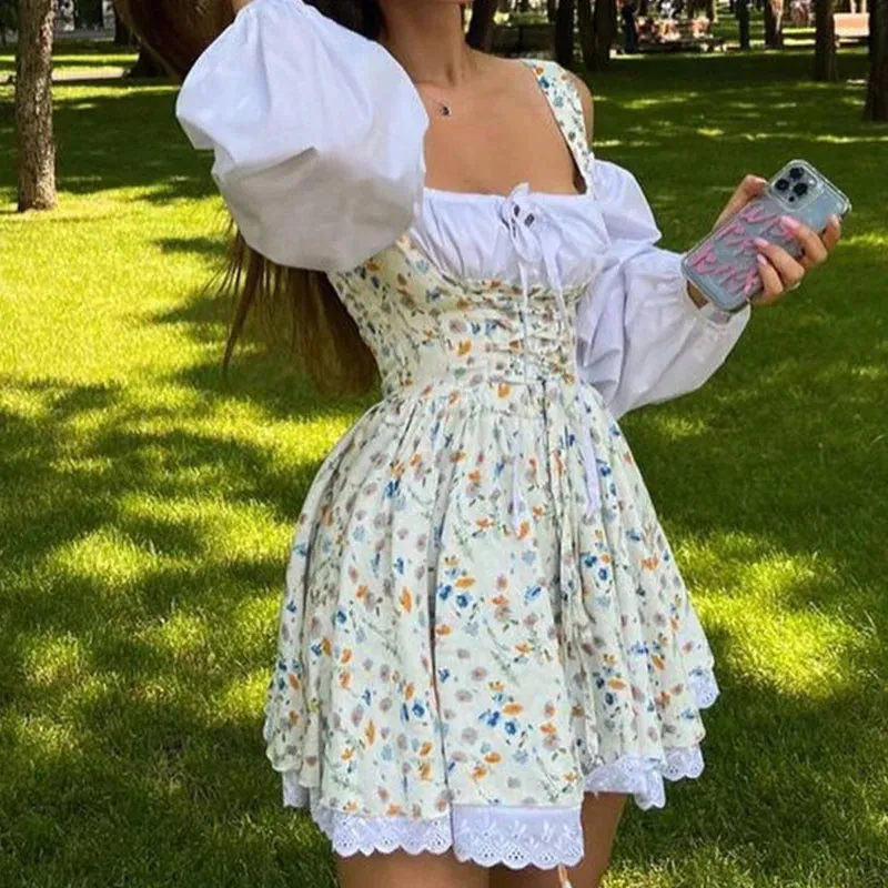 Sexy Off Shoulder Spring Puff Sleeves Party Elegant Floral Print Patchwork A-line Summer Lady Dress