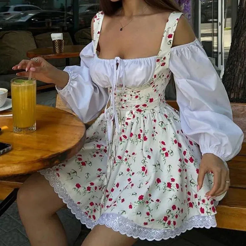 Sexy Off Shoulder Spring Puff Sleeves Party Elegant Floral Print Patchwork A-line Summer Lady Dress