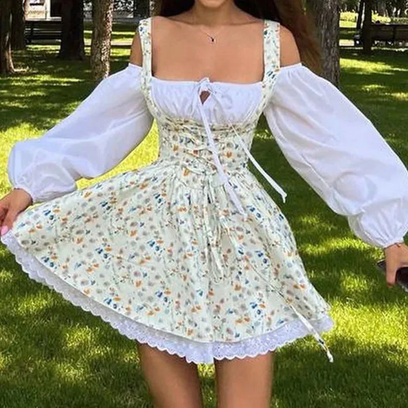 Sexy Off Shoulder Spring Puff Sleeves Party Elegant Floral Print Patchwork A-line Summer Lady Dress