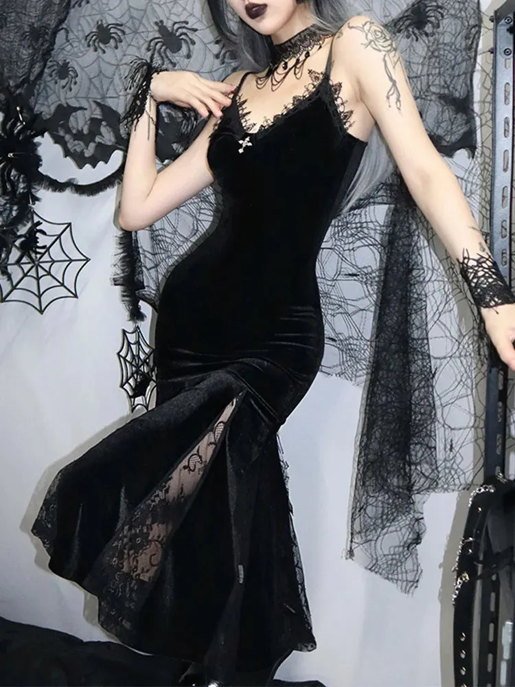 Sexy Strap Black Velvet Backless Cross Lace Patchwork Maxi Gothic Spaghetti Gown