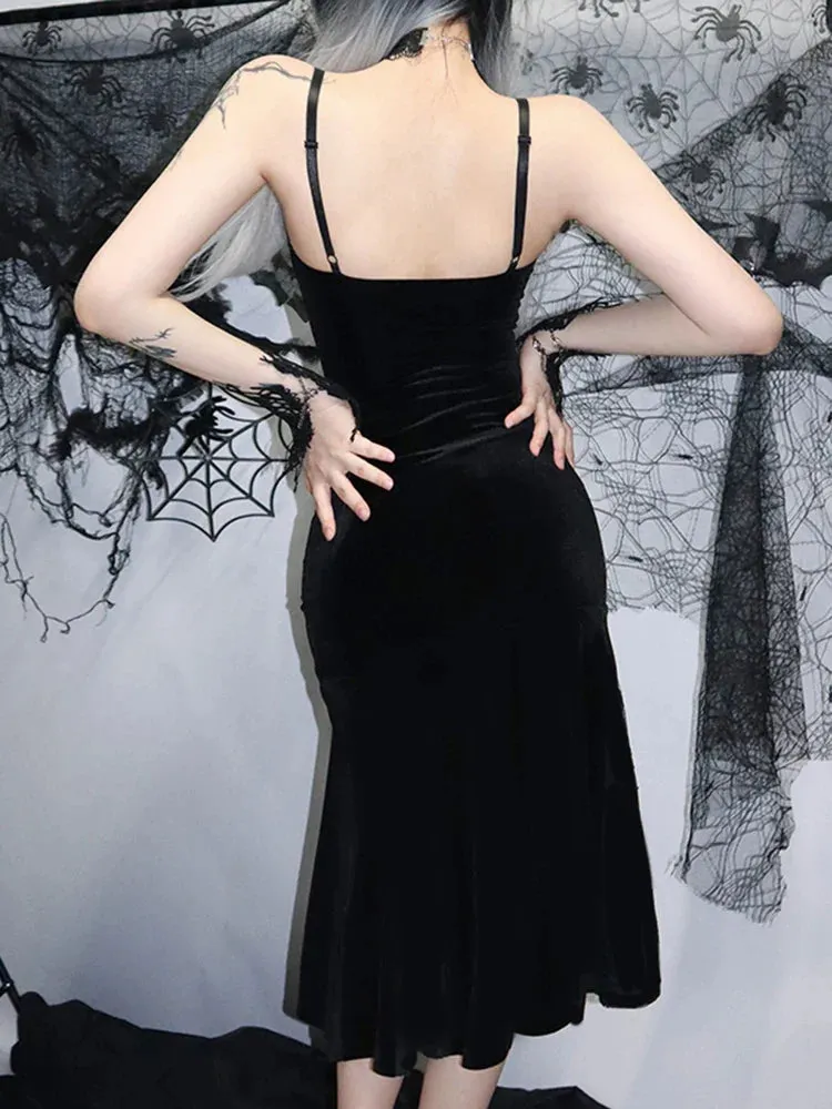 Sexy Strap Black Velvet Backless Cross Lace Patchwork Maxi Gothic Spaghetti Gown