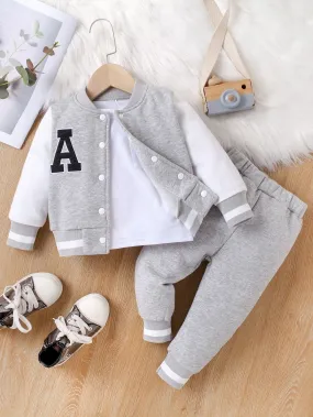 SHEIN Genkimix Kids Baby Boy Letter Patched Thermal Lined Bomber Jacket & Sweatpants