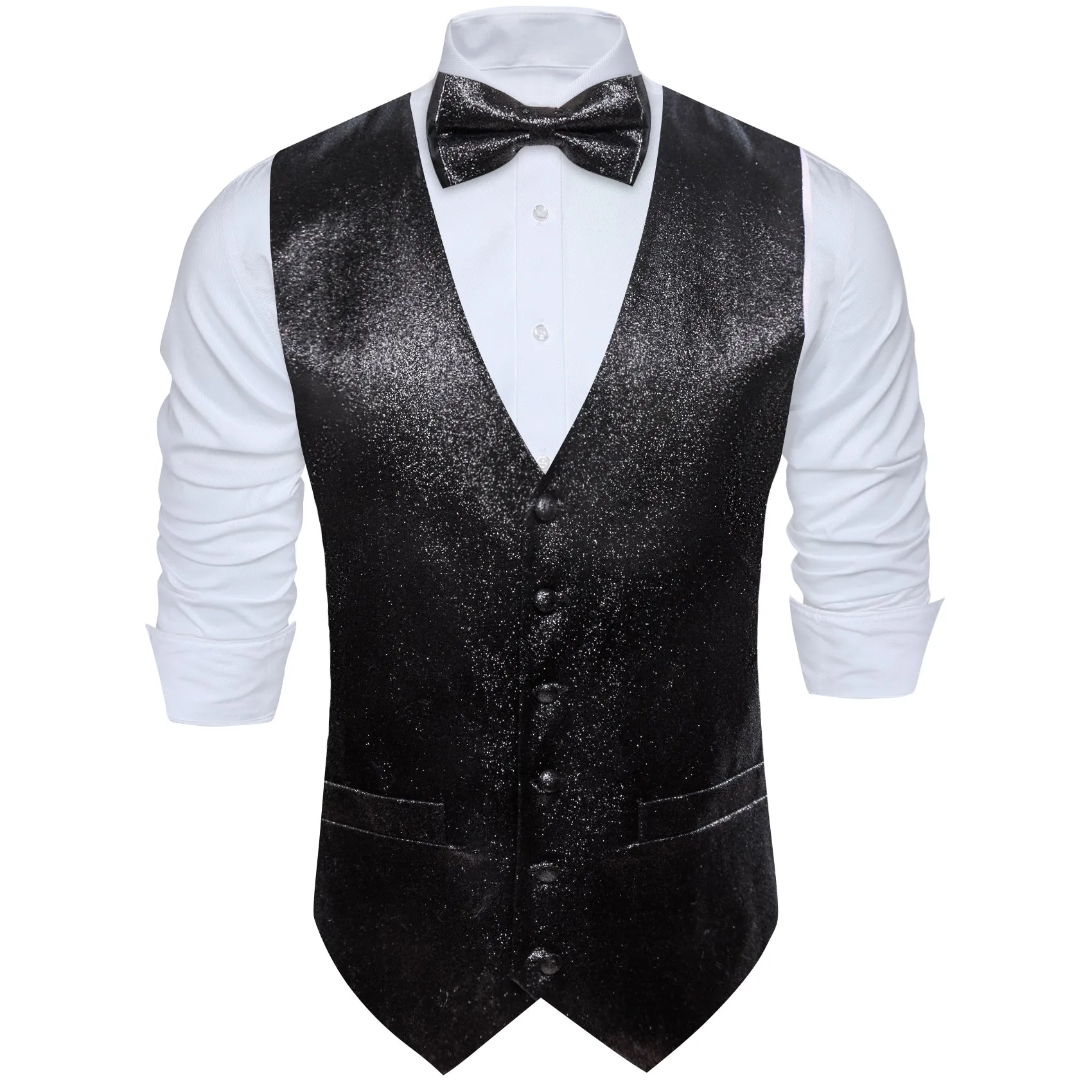 Shining Black Glitter Solid Jacquard Silk Men's Vest Bow Tie Handkerchief Cufflinks Set Waistcoat Suit Set