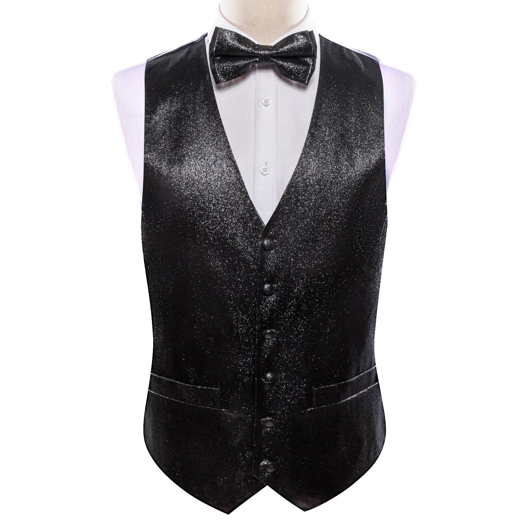 Shining Black Glitter Solid Jacquard Silk Men's Vest Bow Tie Handkerchief Cufflinks Set Waistcoat Suit Set