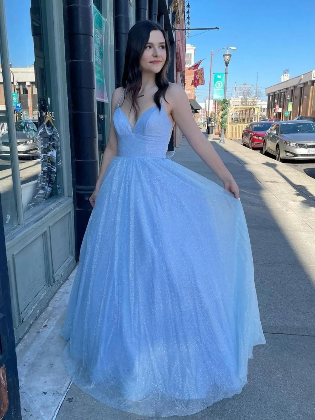 Shiny V Neck Backless Light Blue Long Prom Dresses, V Neck Light Blue Formal Dresses, Blue Evening Dresses