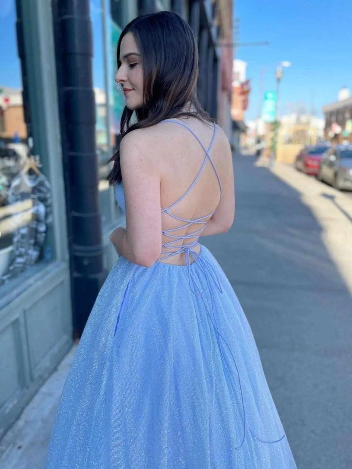 Shiny V Neck Backless Light Blue Long Prom Dresses, V Neck Light Blue Formal Dresses, Blue Evening Dresses