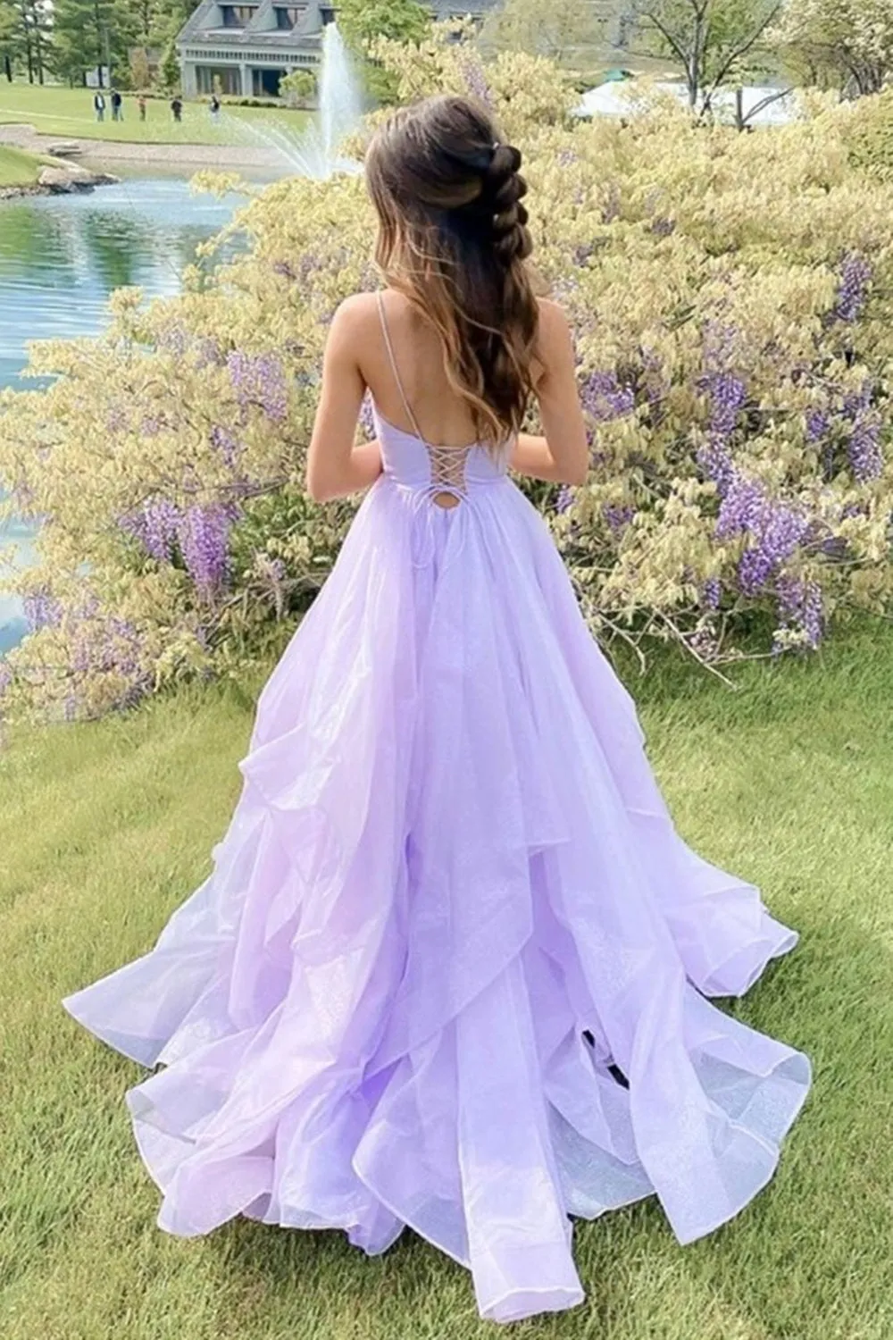 Shiny V Neck Open Back Purple/Pink Long Prom, Backless Purple/Pink Formal, Purple/Pink Evening