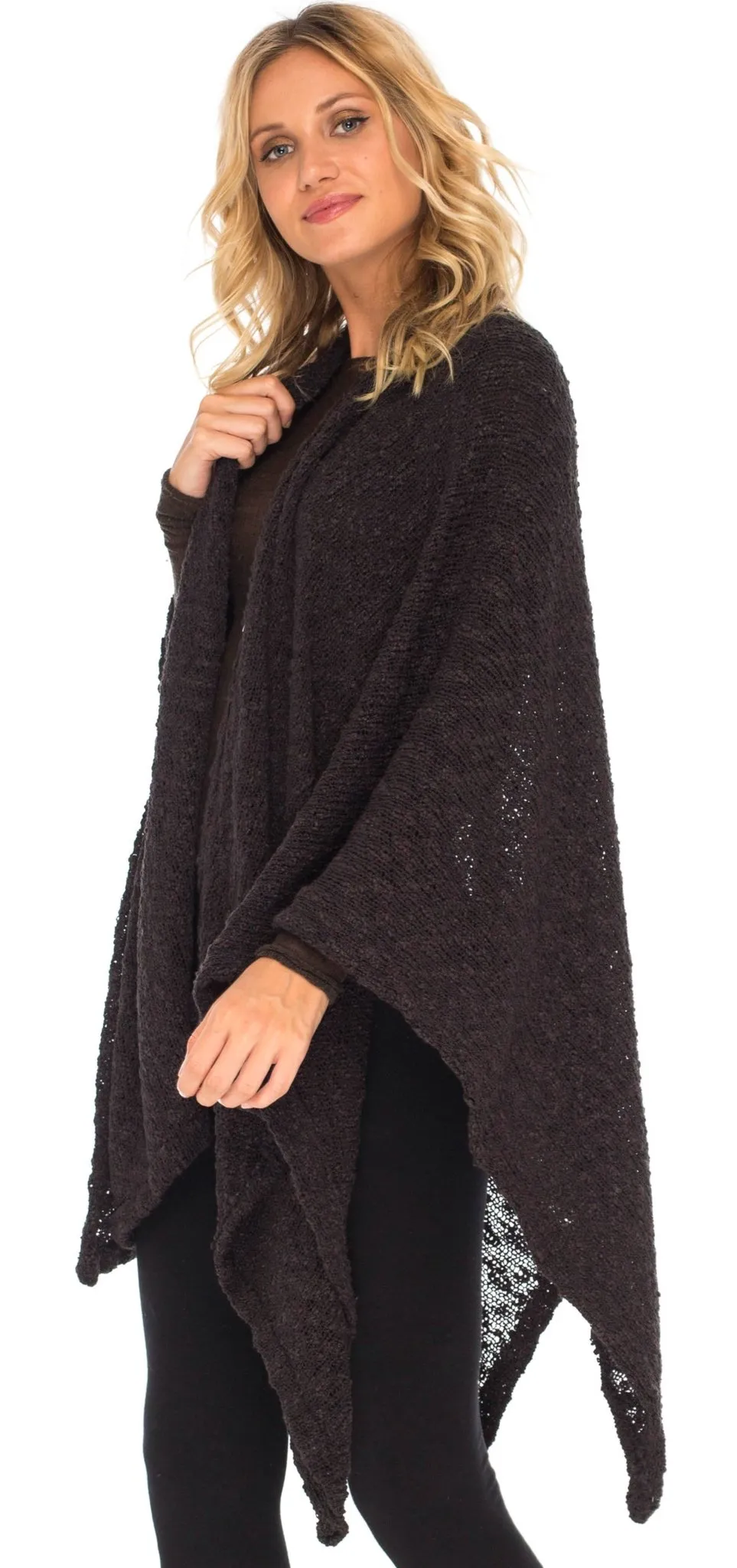 SHU-SHI Women's Cozy Knit Poncho Shawl Wrap - Lightweight Open Front Cape Kimono