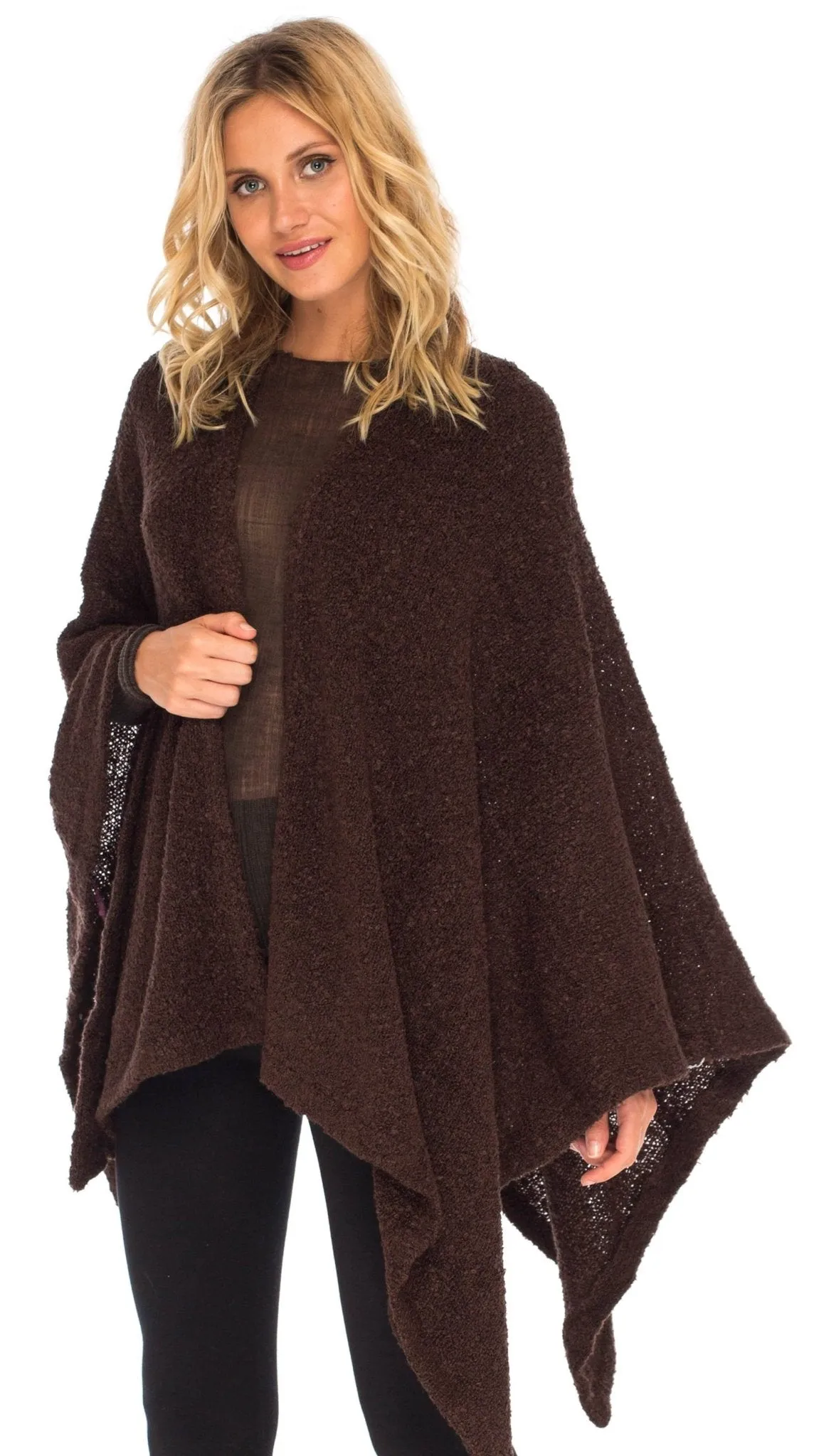 SHU-SHI Women's Cozy Knit Poncho Shawl Wrap - Lightweight Open Front Cape Kimono