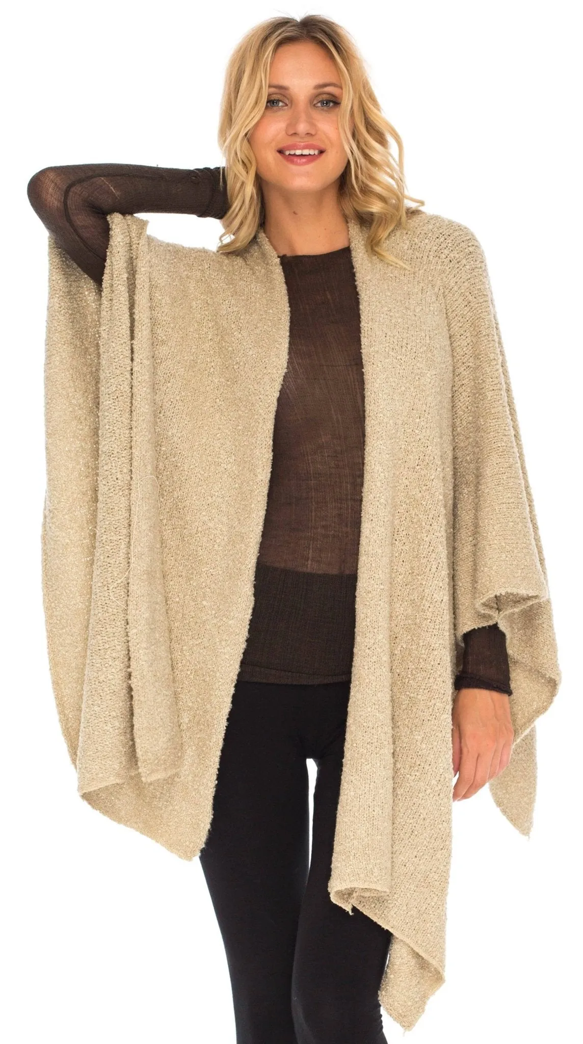 SHU-SHI Women's Cozy Knit Poncho Shawl Wrap - Lightweight Open Front Cape Kimono