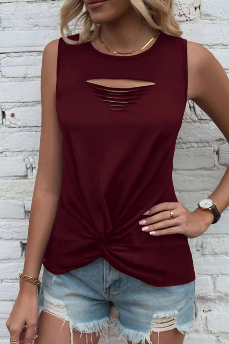 Simplicity Solid Ripped O Neck Tops(6 Colors)