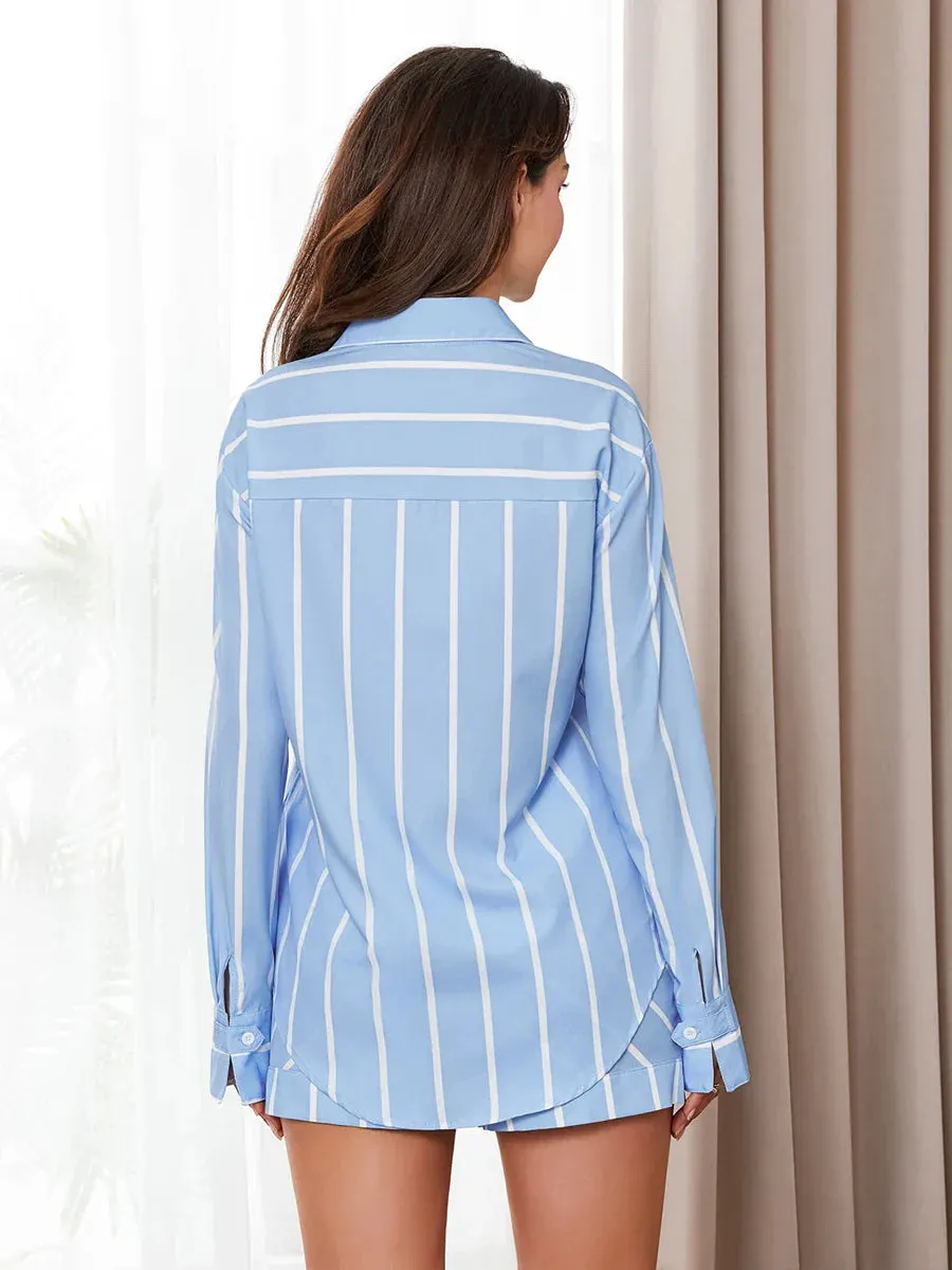 Sleeve Striped Print Button Down Shirt Shorts Set Loungewear Long Pajamas