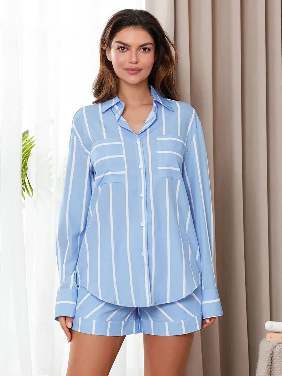 Sleeve Striped Print Button Down Shirt Shorts Set Loungewear Long Pajamas