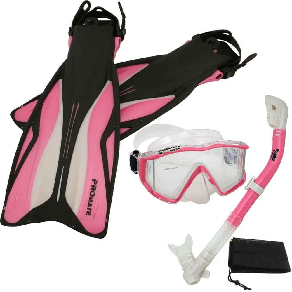 Snorkeling Panoramic Scuba Dive Mask Dry Snorkel Fins Deluxe Set - SCS0089