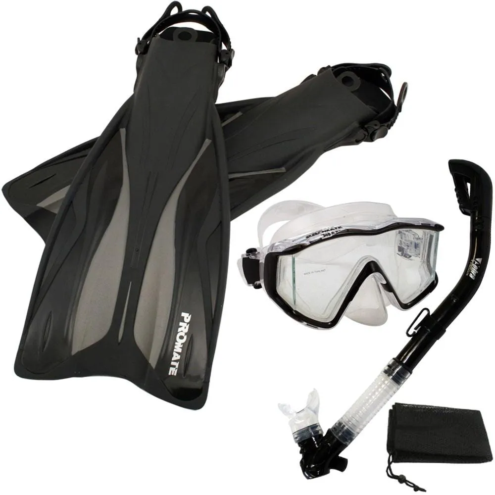 Snorkeling Panoramic Scuba Dive Mask Dry Snorkel Fins Deluxe Set - SCS0089