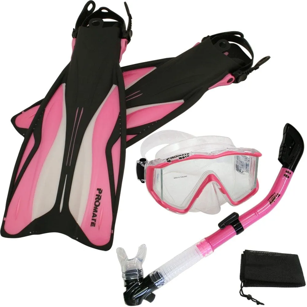 Snorkeling Panoramic Scuba Dive Mask Dry Snorkel Fins Deluxe Set - SCS0089