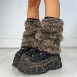 Sohiwoo Vintage Faux Fur Leg Warmers Furry Boots Cover Socks Winter Thickened Plush Socks Hot Girl Jk Punk Hiphop Cosplay Accessories