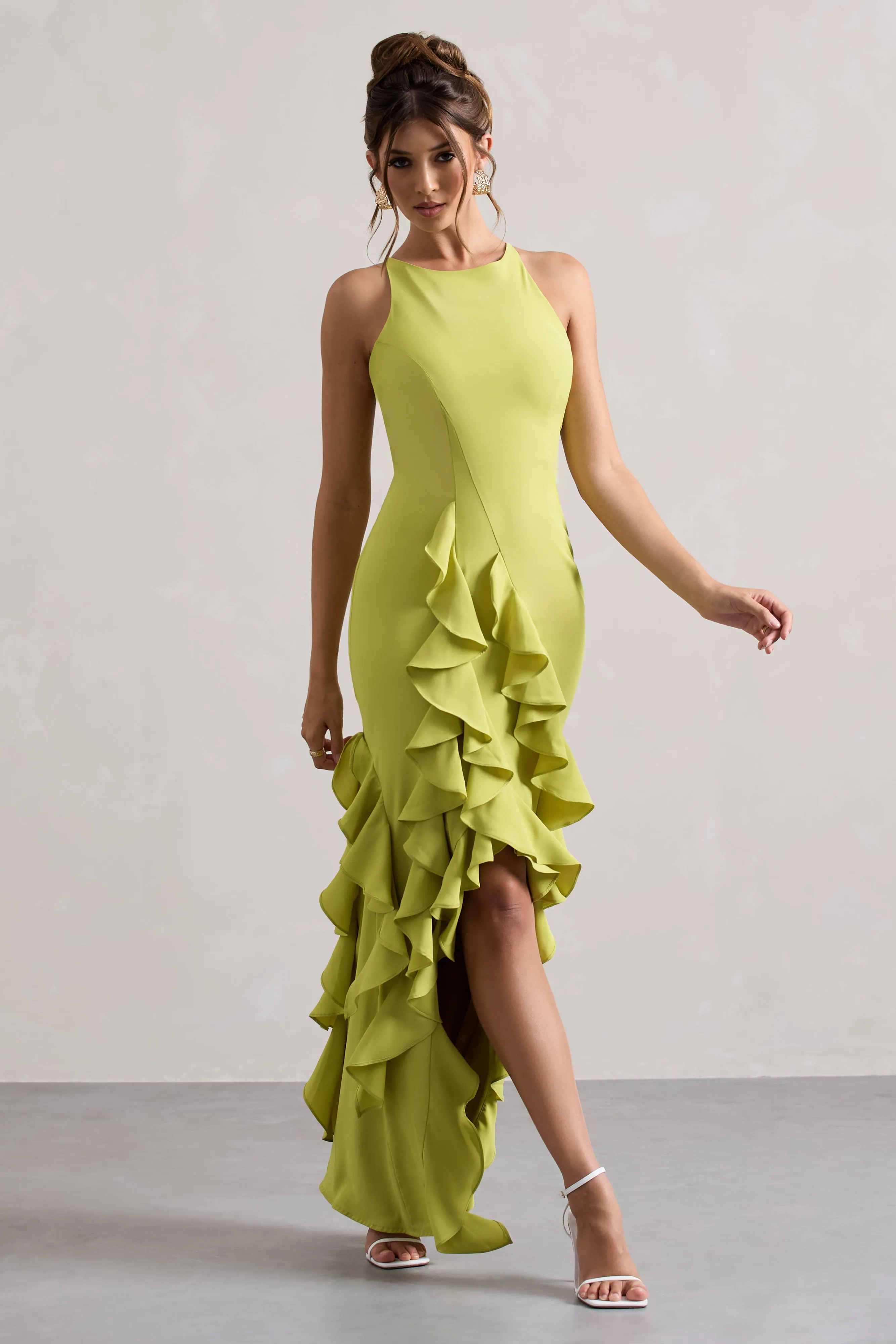 Sommer | Lime Green Racer-Neck Ruffle Maxi Dress