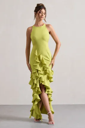 Sommer | Lime Green Racer-Neck Ruffle Maxi Dress