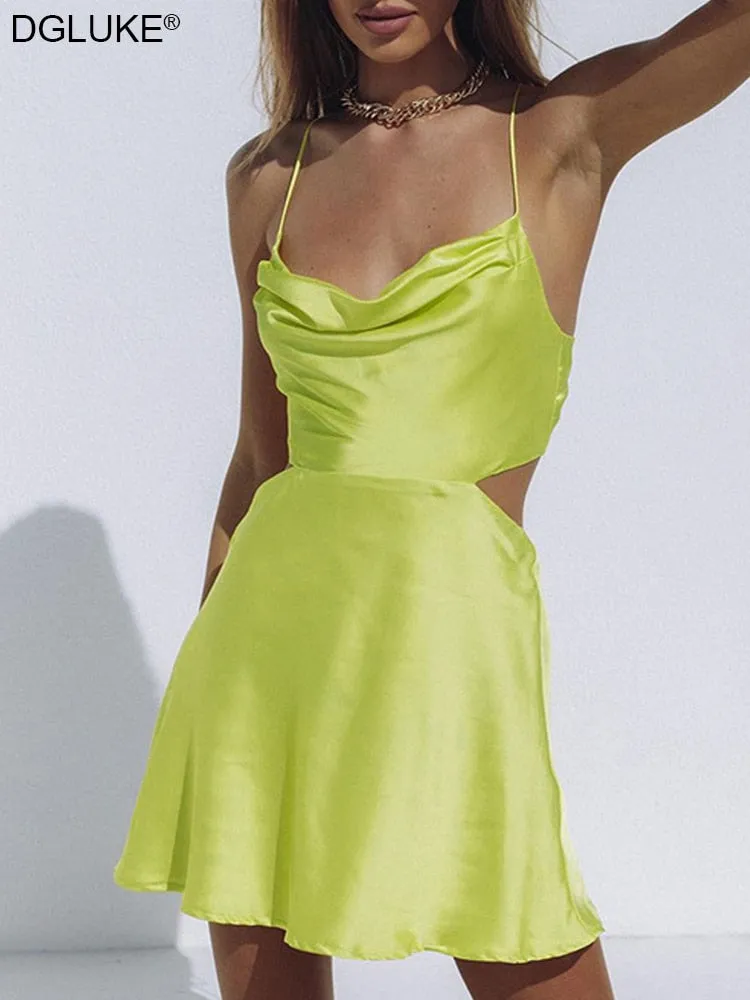 Spaghetti Strap Backless Satin Cut Out Mini Summer Dresses Elegant Cowl Neck Party Dress in Green Black