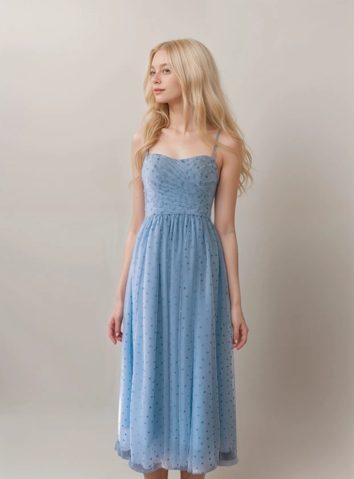 Spaghetti-straps detachable sleeves tea length heart dotty tulle prom dress