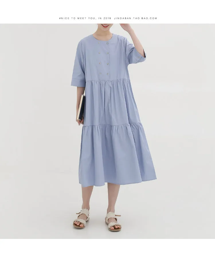 spring new Korean version of the Japanese fresh round neck short-sleeved solid color dress