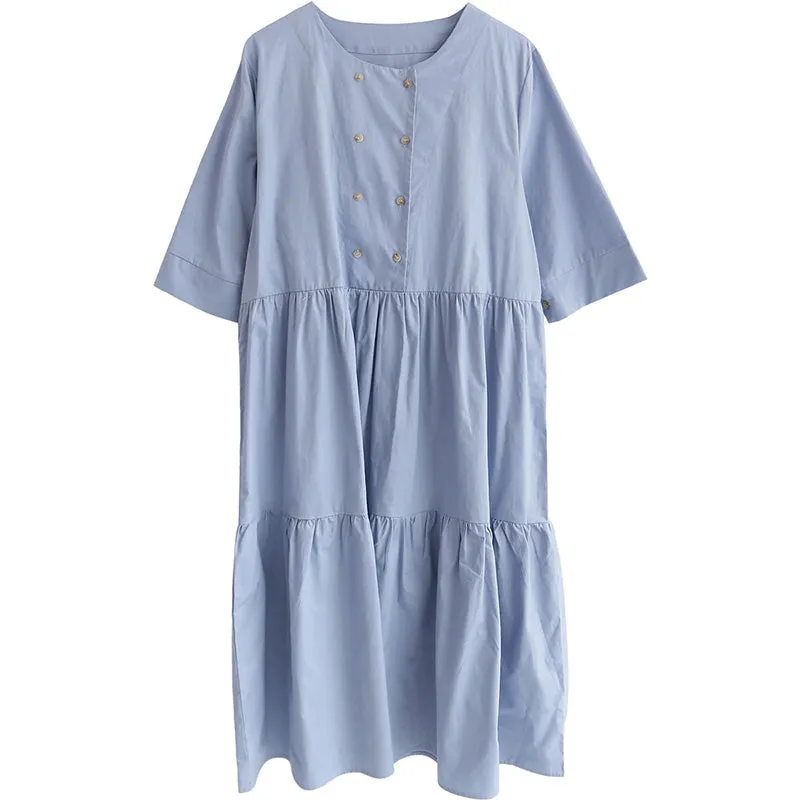 spring new Korean version of the Japanese fresh round neck short-sleeved solid color dress