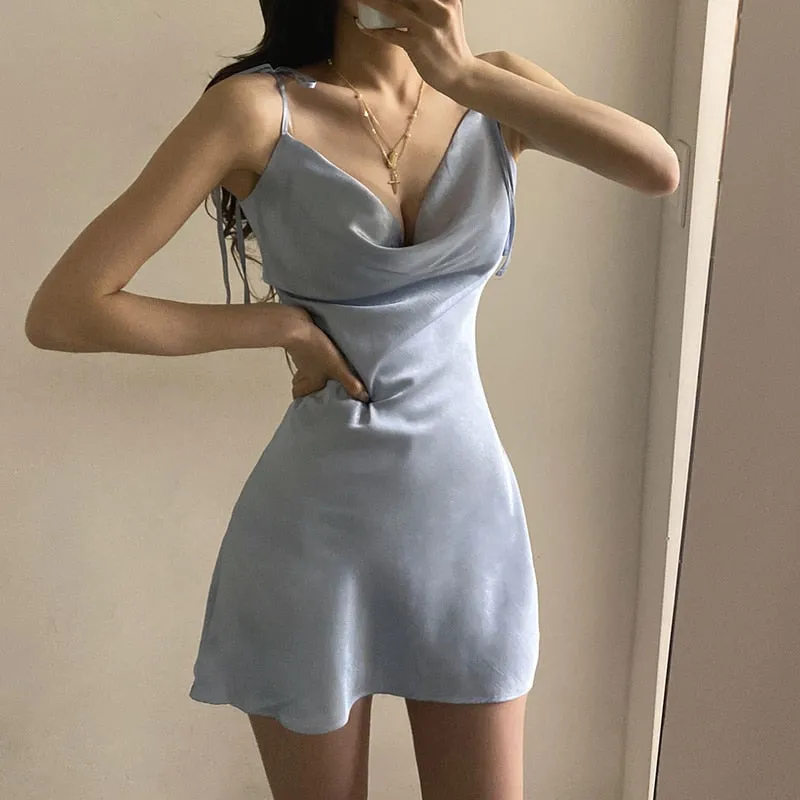 Strappy Solid Satin Backless Sleeveless Casual Dress Mini Sundress Summer Dresses