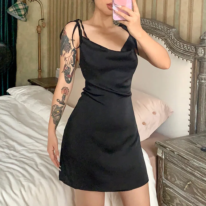 Strappy Solid Satin Backless Sleeveless Casual Dress Mini Sundress Summer Dresses