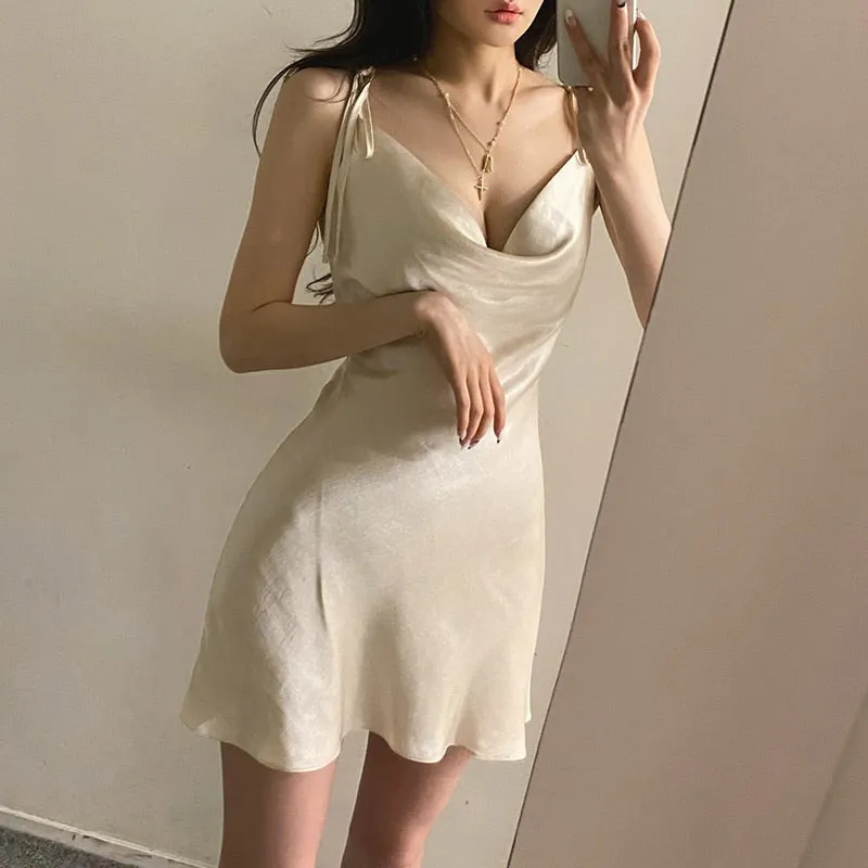 Strappy Solid Satin Backless Sleeveless Casual Dress Mini Sundress Summer Dresses