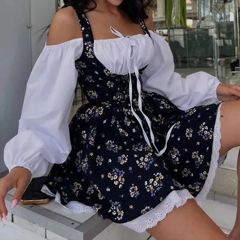 Summer Puff Sleeves Fashion Party Elegant Floral Print Patchwork A-line Lady Sexy Off Shoulder Holiday Floral Spring Dress