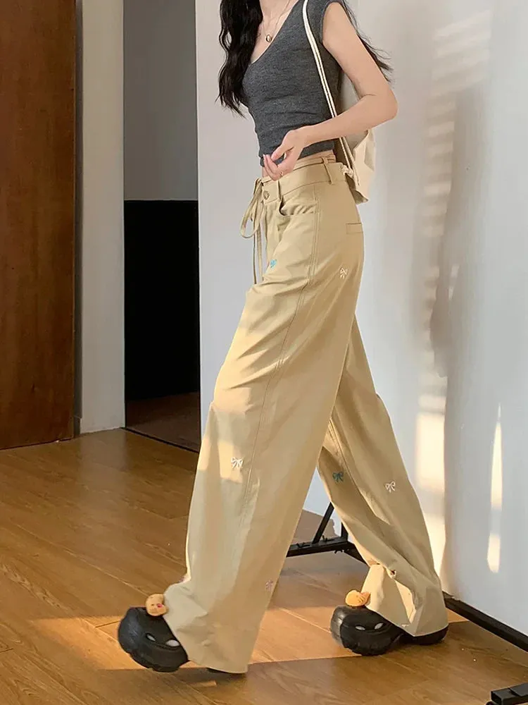 Summer Y2k Leg Casual Streetwear Embroidery Lace-Up Baggy Bow 90s Wide Pants