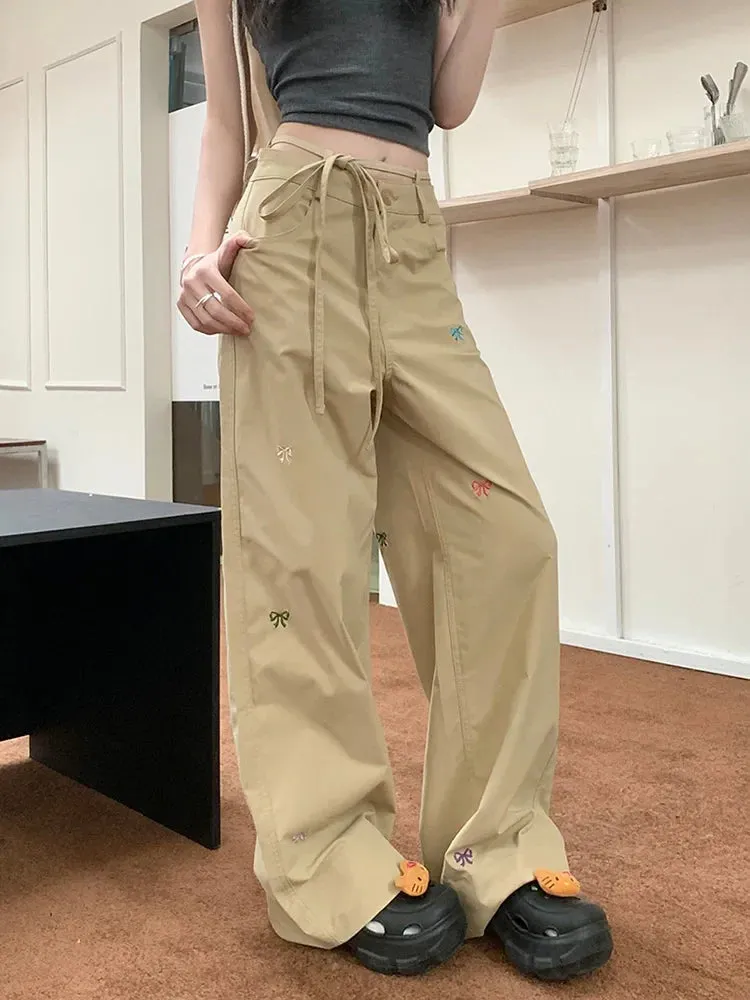 Summer Y2k Leg Casual Streetwear Embroidery Lace-Up Baggy Bow 90s Wide Pants