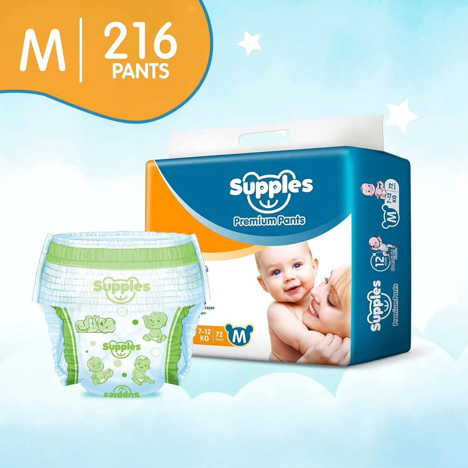 Supples Premium Diapers, Medium (M), 216 Count, 7-12 Kg, 12 hrs Absorption Baby Diaper Pants