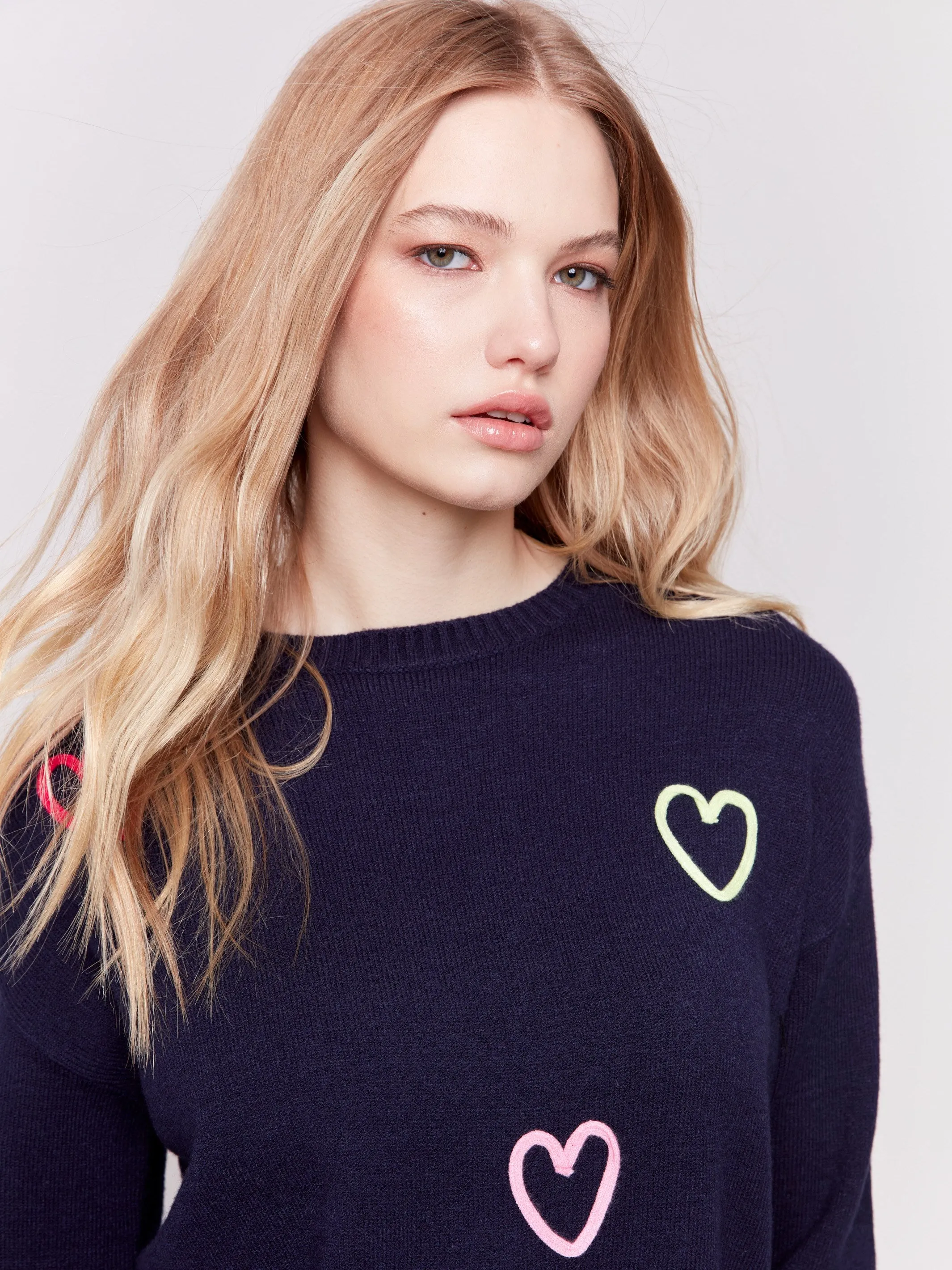 Sweater with Embroidered Hearts - Navy