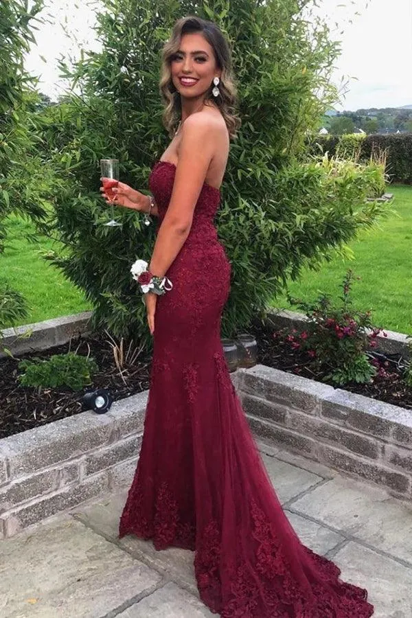 Sweetheart Mermaid Burgundy Lace Prom Dress Strapless Evening Dress PSK427