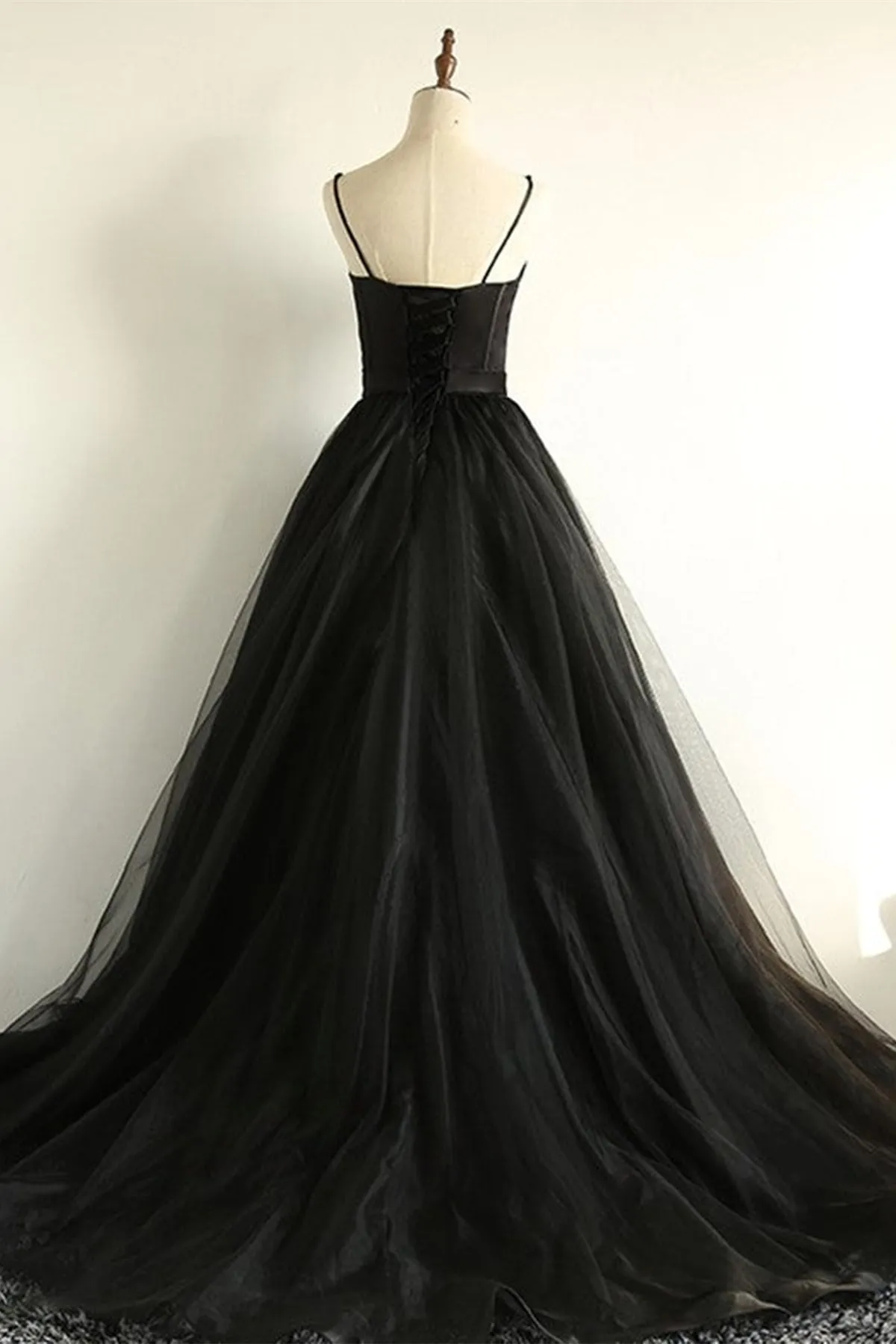 Sweetheart Neck Black Tulle Long Prom Dress, Thin Straps Black Formal Evening Dress, Black Ball Gown A1401