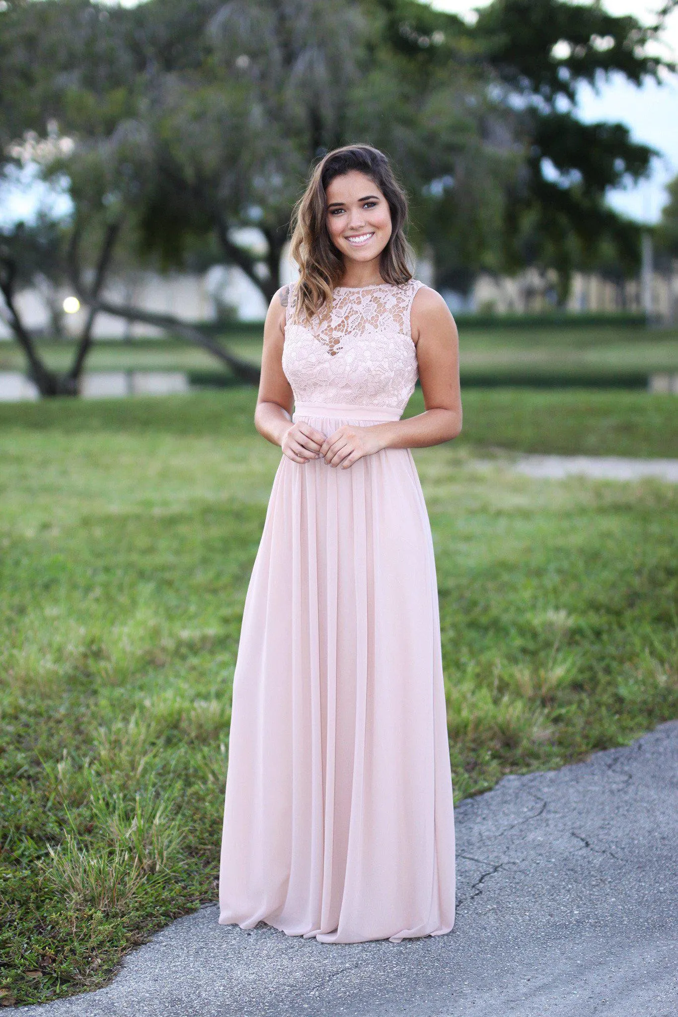 Tan Maxi Dress with Crochet Top