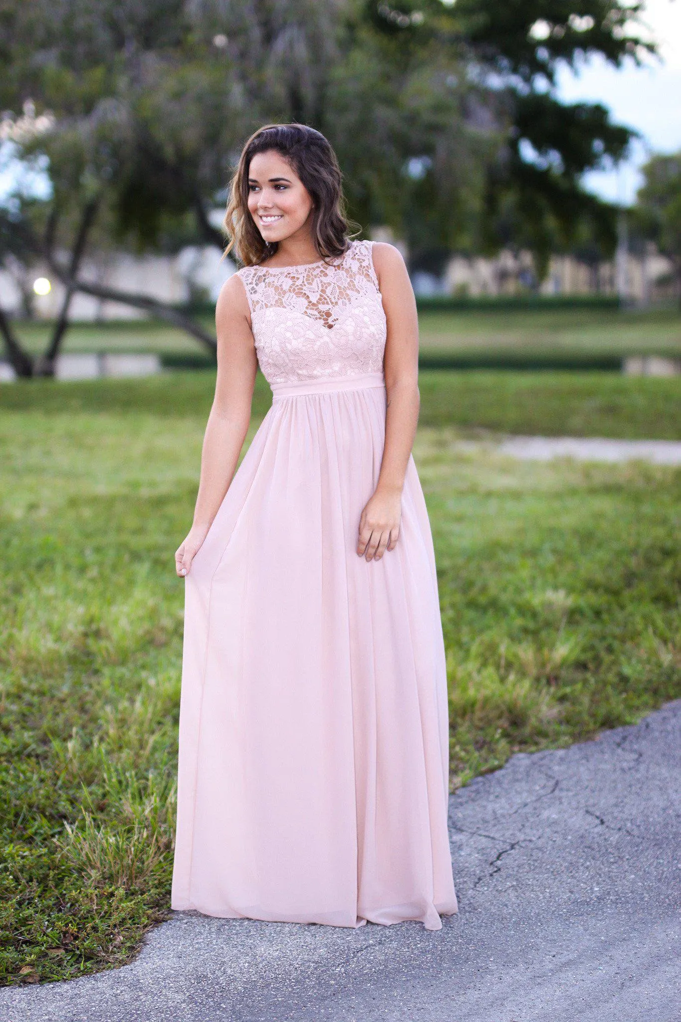 Tan Maxi Dress with Crochet Top