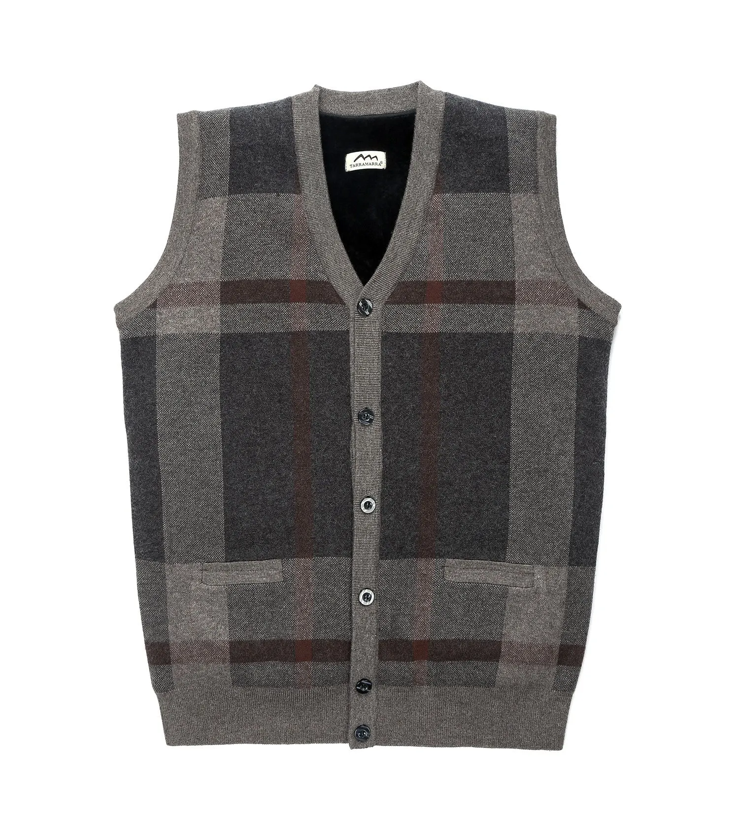 TARRAMARRA Men Plaid Knitted Wool Vest Detachable Inner Fleece Lining