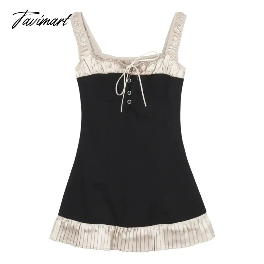 TAVIMART Korean Lace-up Pleated Elegant Party Dress Women Summer New Square Neck Contrast Color Patchwork Sexy Mini Dress