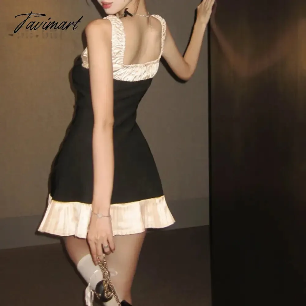 TAVIMART Korean Lace-up Pleated Elegant Party Dress Women Summer New Square Neck Contrast Color Patchwork Sexy Mini Dress