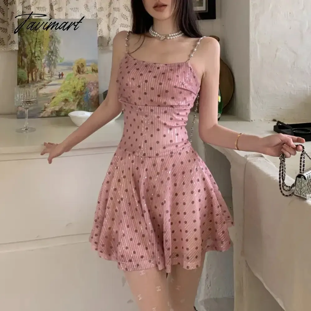 TAVIMART Korean Polka Dot Printed Pink Chain Sling Dress Women 2024 Spring New Streetwear Off-shoulder Sexy Slim Elegant A-line Dress